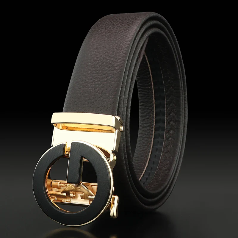 Elegant Black Leather Belt with Gold Buckle for Men High-quality men's leather belt featuring a stylish letter G automatic buckle, perfect for formal an.