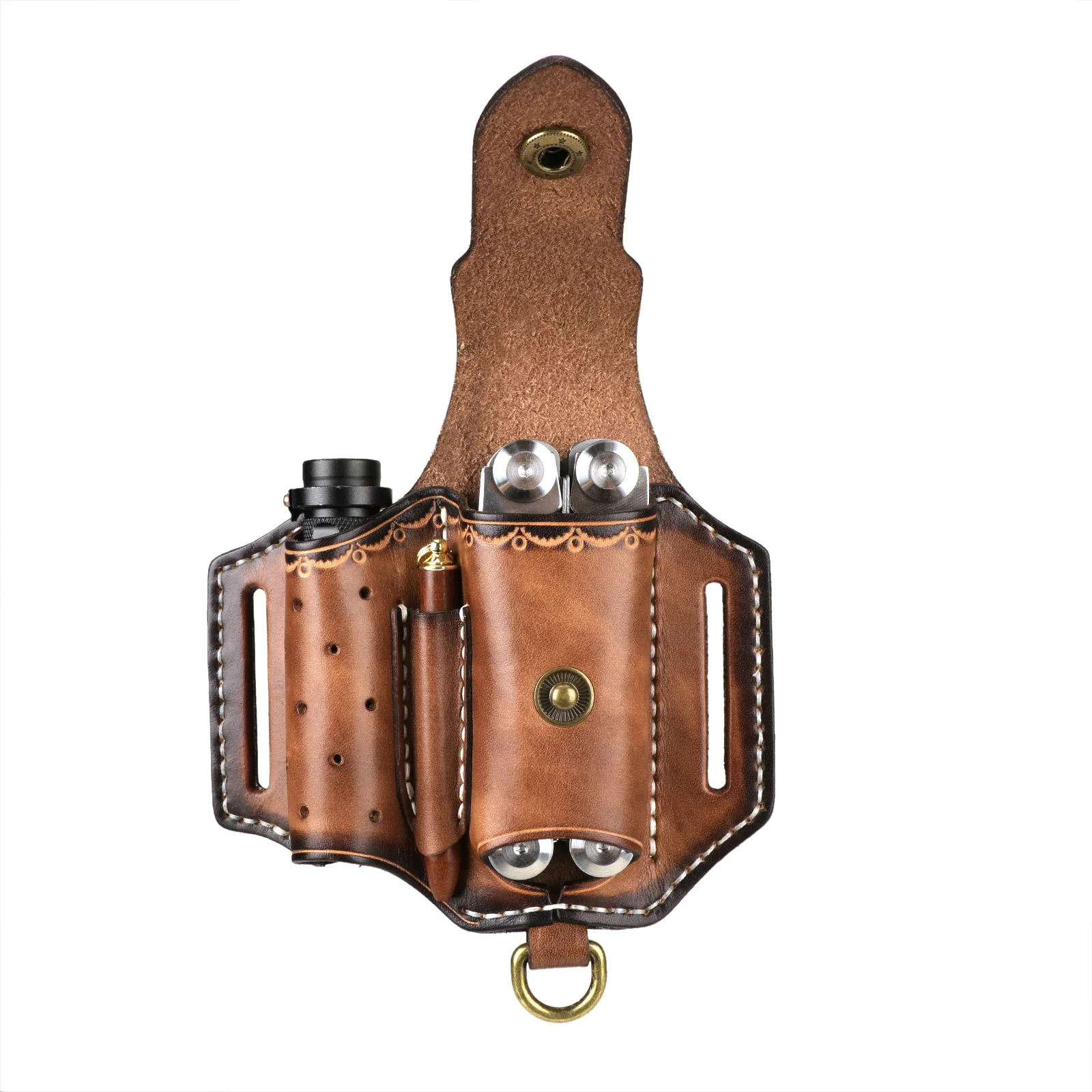 Leather EDC Belt Holster Organizer for Everyday Carry EDC leather belt holster with multiple compartments for tools and accessories.
