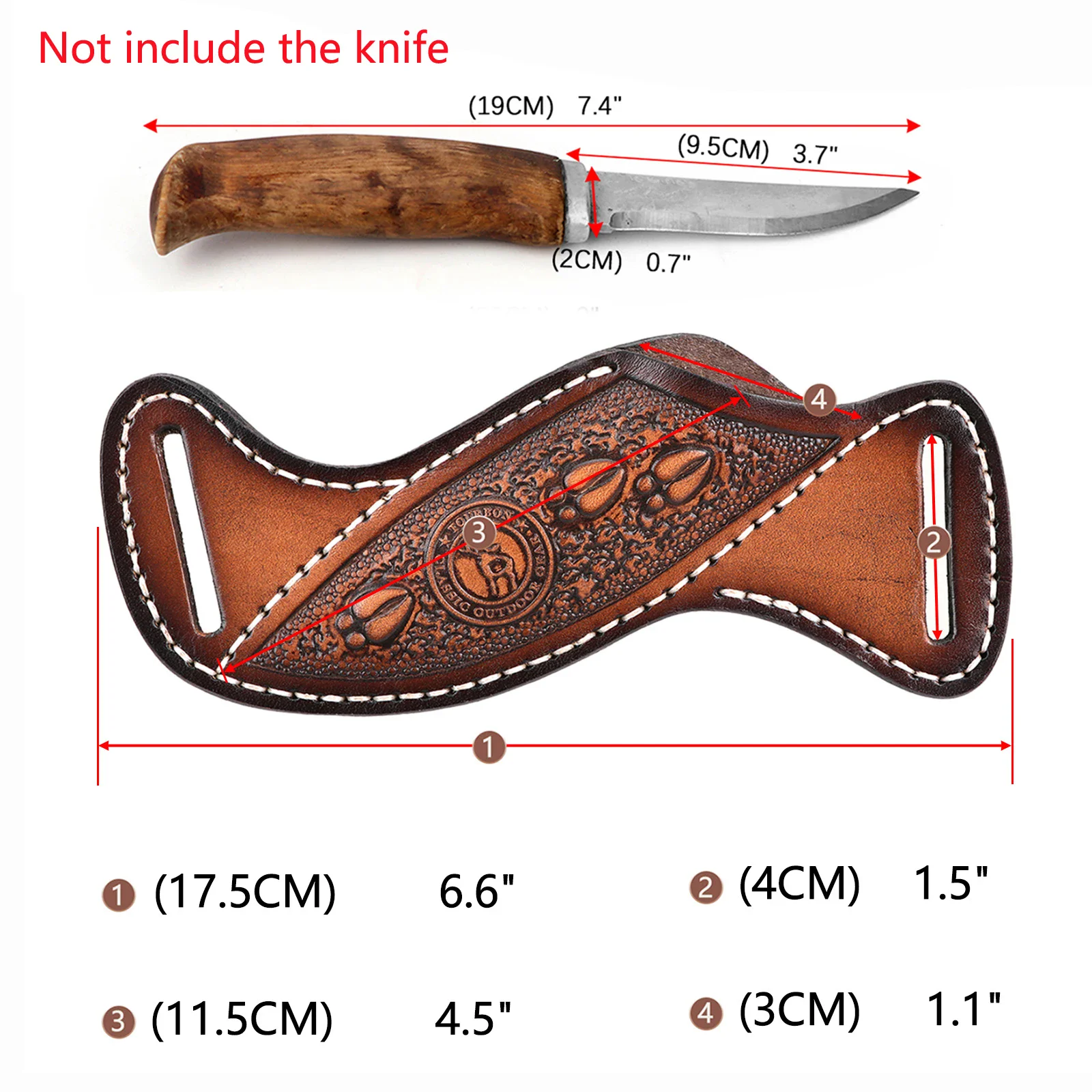 Leather engraved knife sheath with organizer for folding knives, shown with a fixed blade knife. Engraved leather sheath for folding knives with pocket organizer, ideal for outdoor and EDC use.