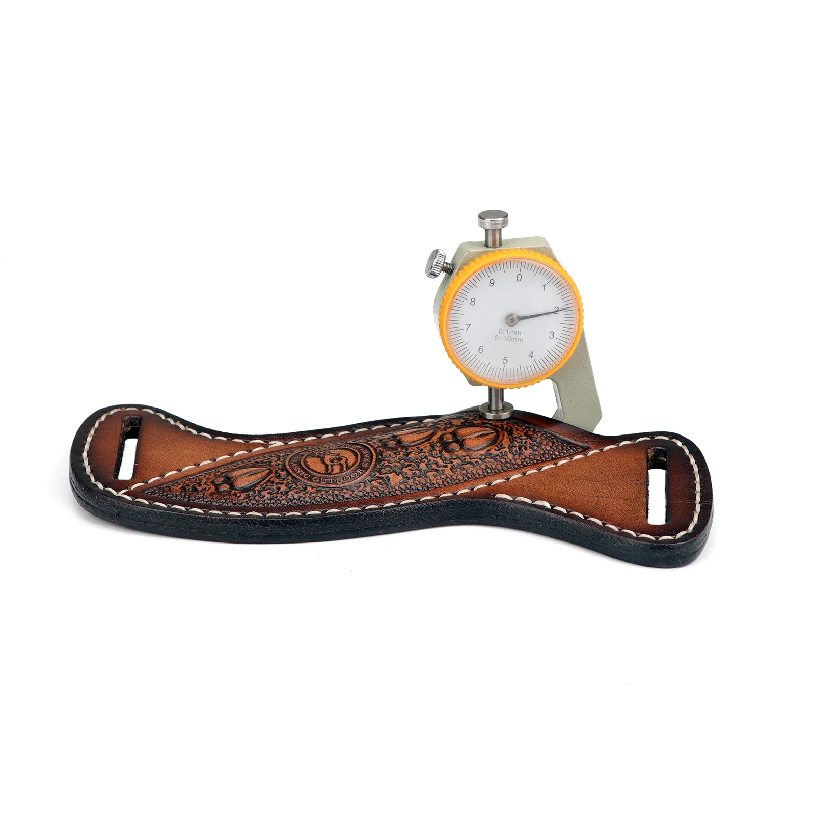 Leather engraved pancake fixed blade knife sheath for EDC pocket organizer, designed for folding knives. Engraved leather sheath for carrying fixed blade knives and organizing EDC gear.