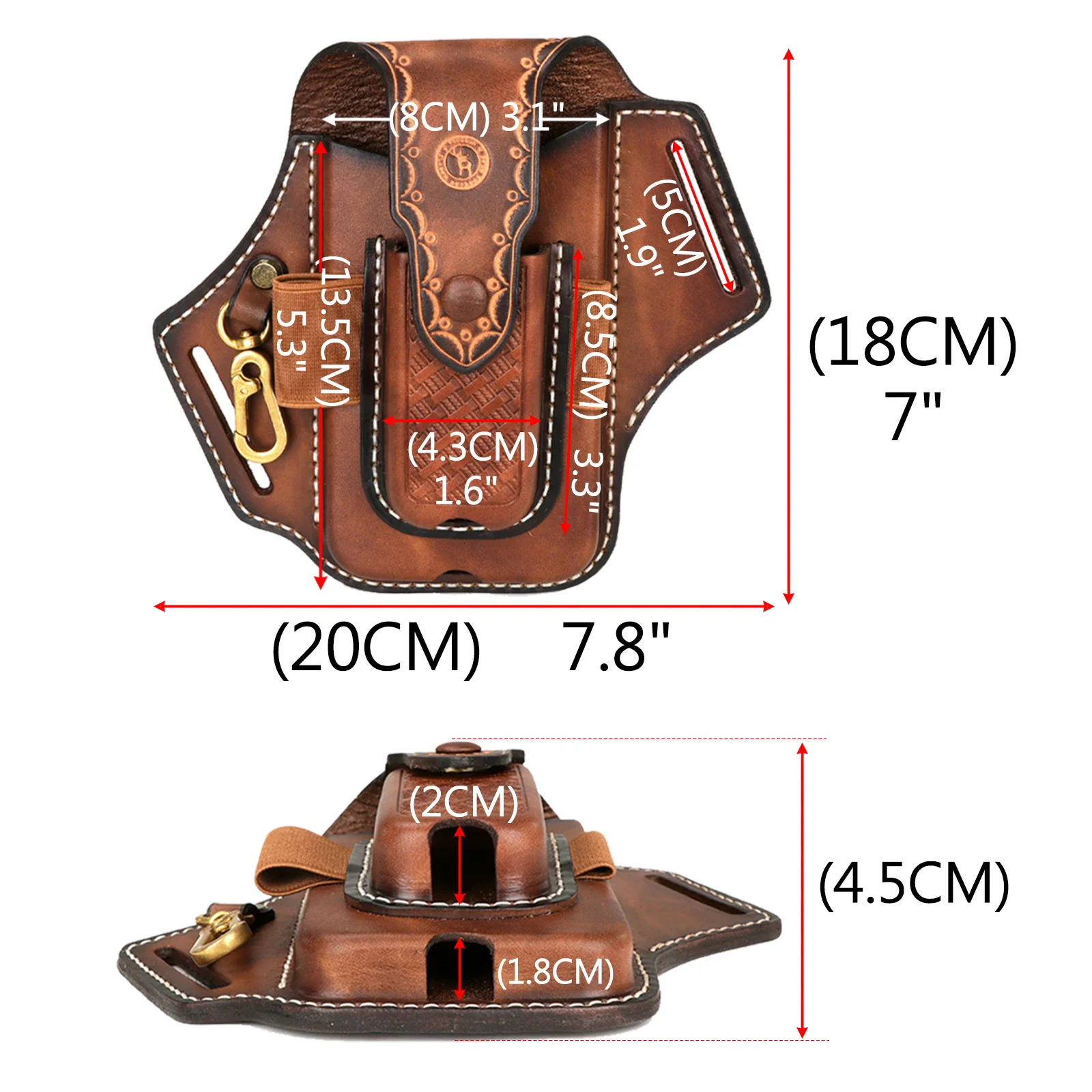 Leather double layer folding knife sheath with multiple pockets and key chain attachment. Compact EDC organizer for tools and accessories.