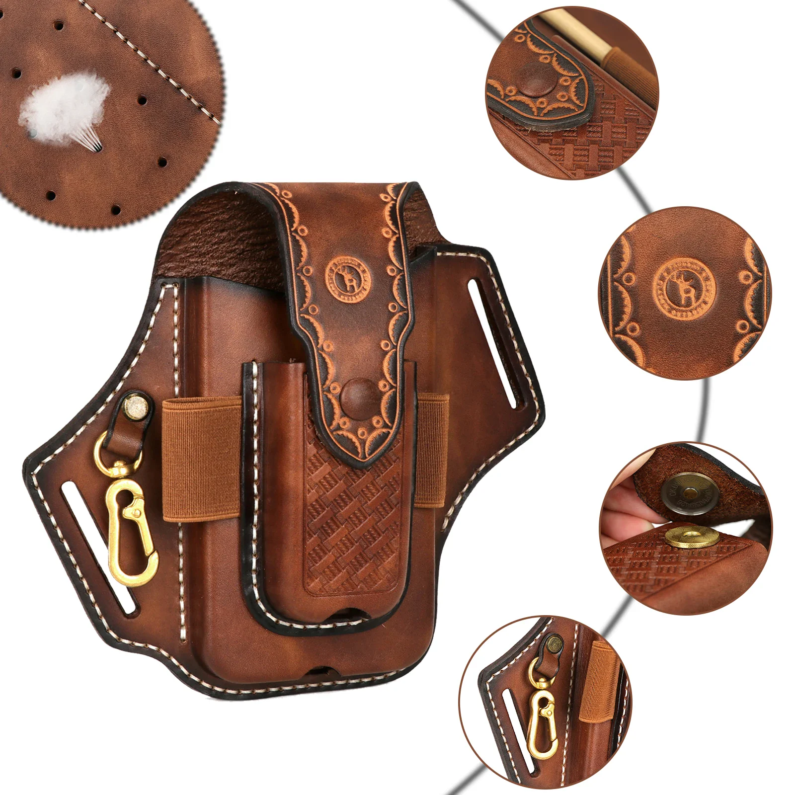 Leather Double Layer Folding Knife Sheath for EDC Gear Durable leather knife sheath with multiple compartments for flashlight, phone, and keys.