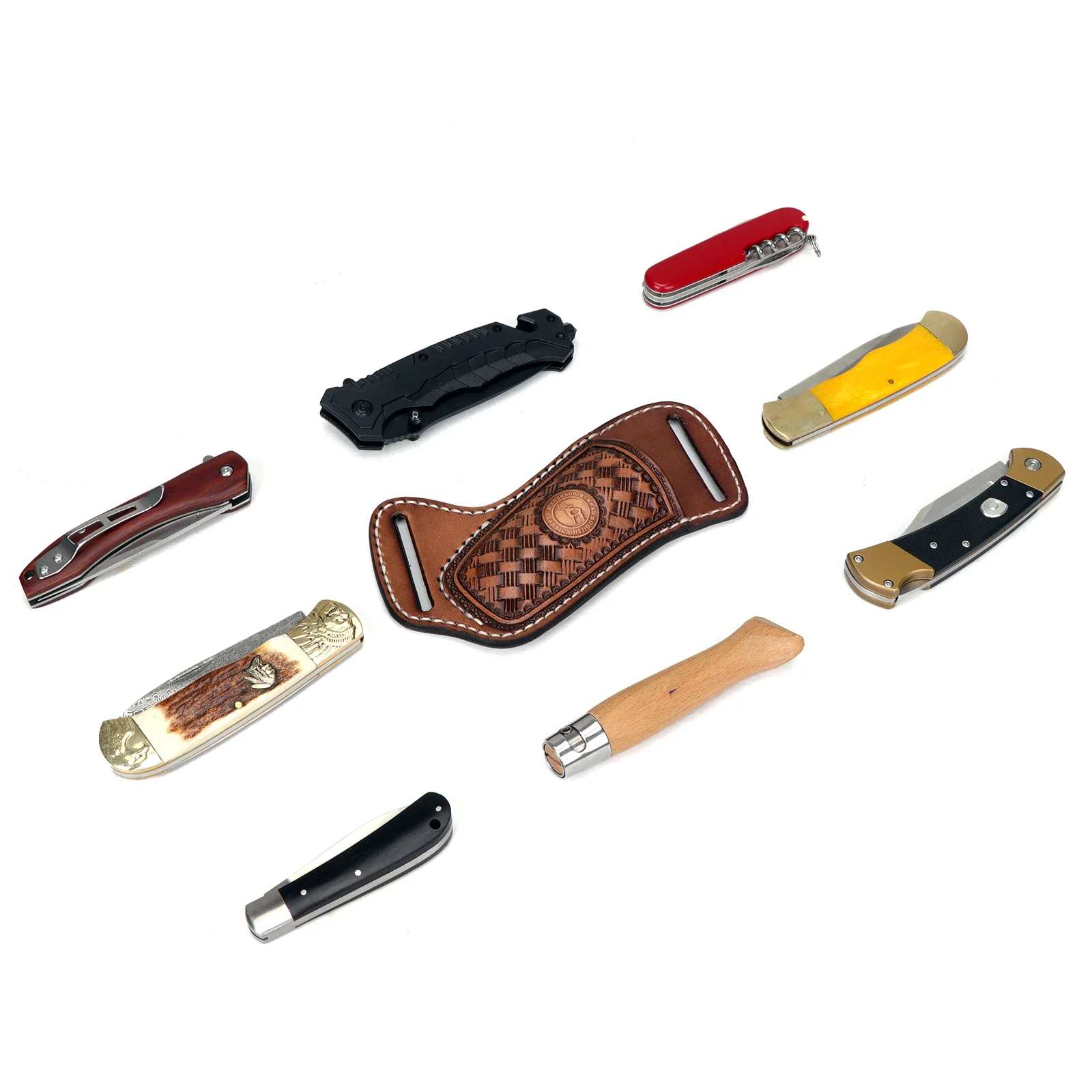 Compact Leather Knife Sheath for EDC Carry Durable leather knife sheath with belt loop, designed for everyday carry and multitools. Fits foldin.