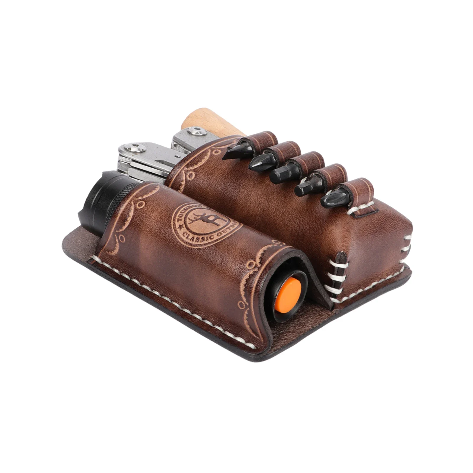 Leather Belt Holster for Folding Knife & Flashlight High-quality leather belt pouch for outdoor, camping, and construction use. Holds folding knives, fl.