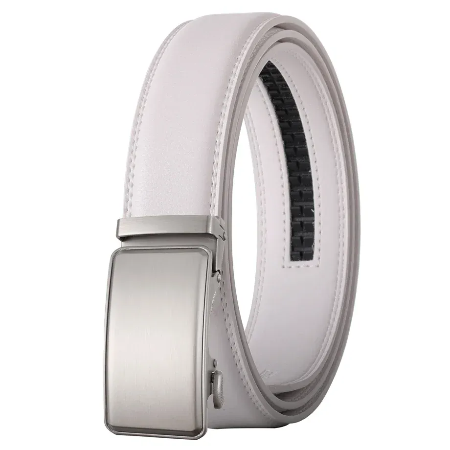 White leather men’s designer belt with sleek silver buckle for formal wear Elegant white leather men's belt with silver buckle, perfect for formal and casual outfits.