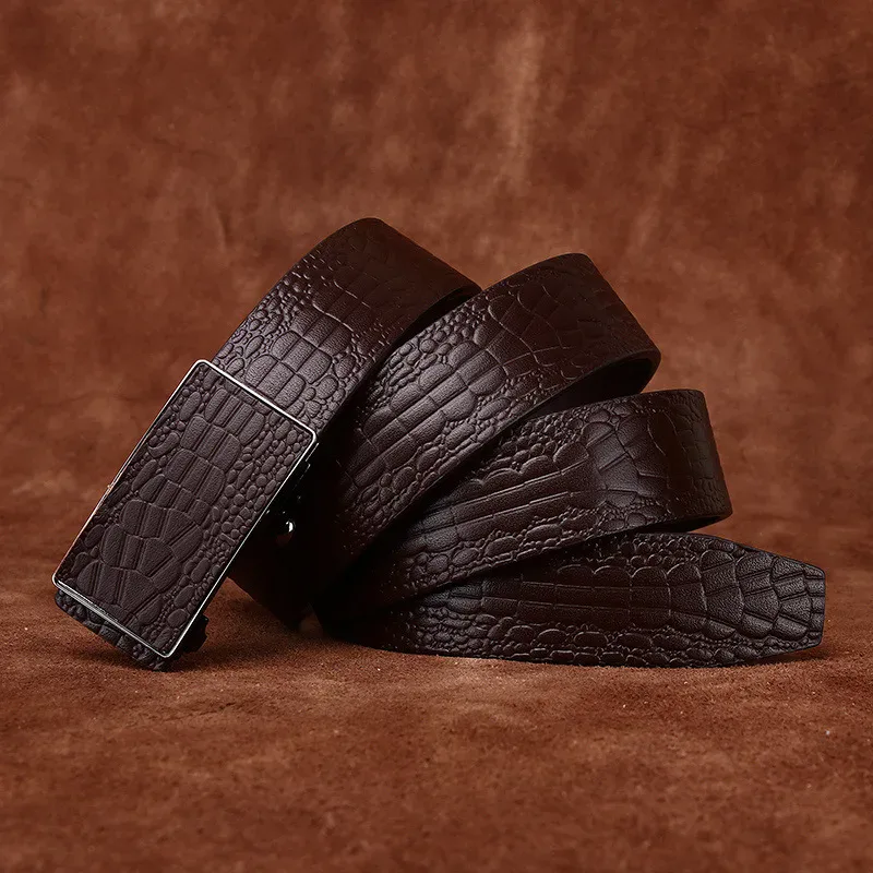 Leather Belt for Men – High Quality Genuine Cowhide Genuine leather men's belt with crocodile texture, automatic buckle, perfect for business and formal.