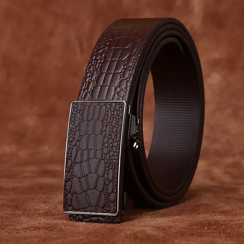 Leather Belt for Men – High Quality Genuine Cowhide Genuine leather men's belt with crocodile pattern, automatic buckle, perfect for business and formal.