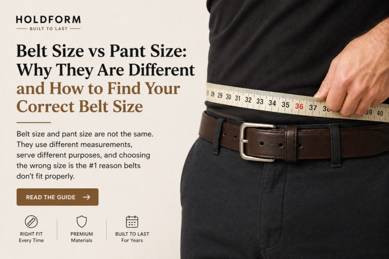 Man measuring waist with a tape measure for proper belt sizing.