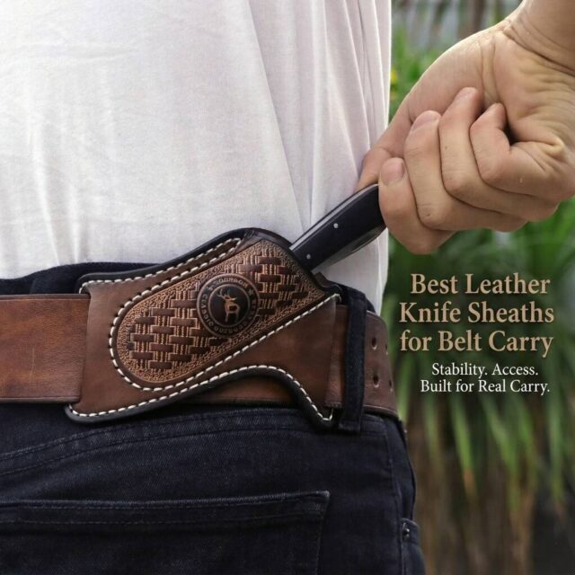 Leather knife sheath attached to belt, ideal for outdoor and camping use.