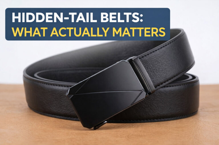 Close-up of a black hidden-tail belt showing the buckle and strap details.