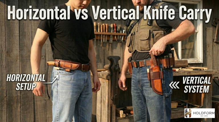 Comparison of horizontal and vertical knife carry methods for everyday use.