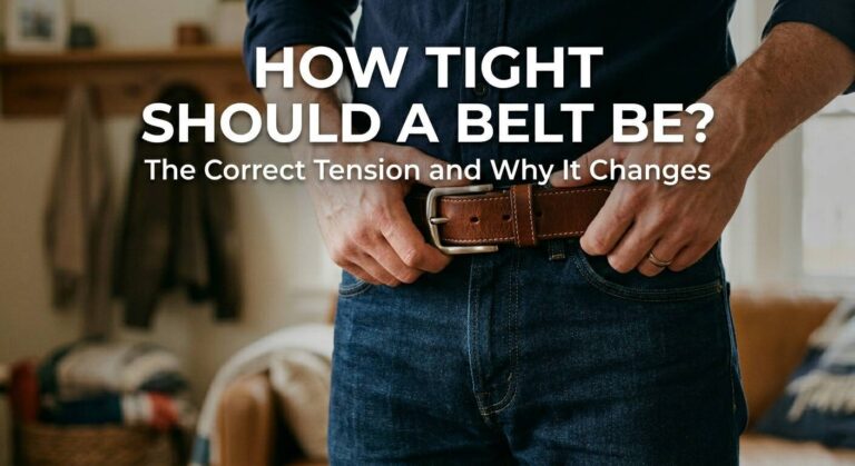 Close-up of a person adjusting a brown leather belt around the waist for optimal fit.