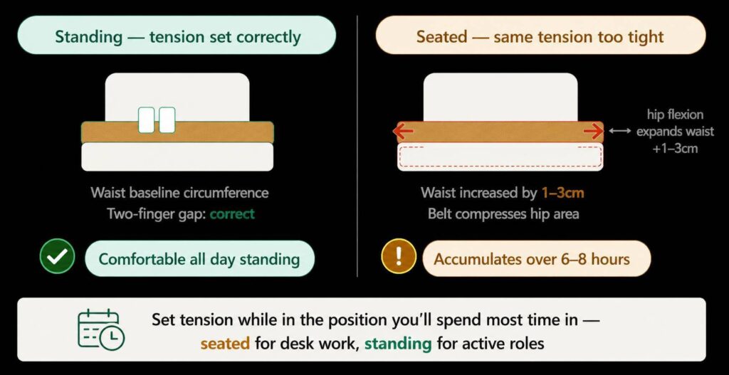 Comparison showing correct standing tension becoming too tight when seated due to hip flexion increasing waist circumference by 1–3cm