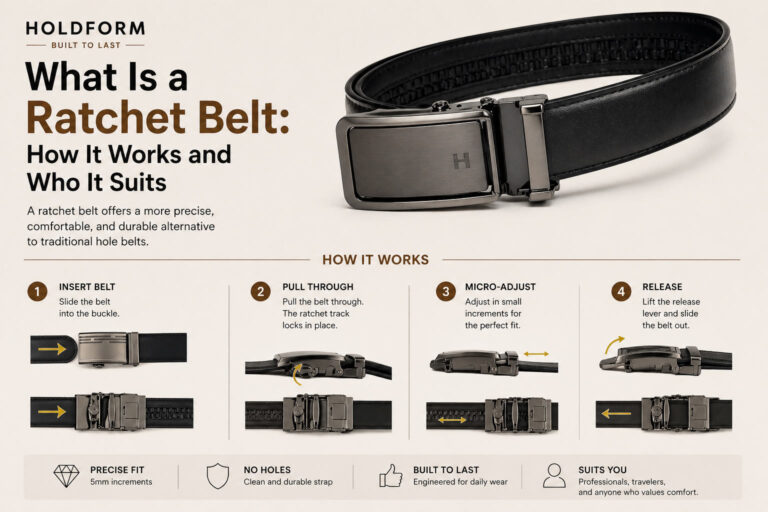 Close-up of a black ratchet belt with a metal buckle, showcasing its sleek design and adjustable mec.