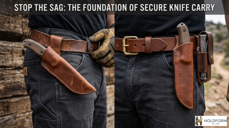 High-quality leather belt with a sturdy sheath for safe knife storage.