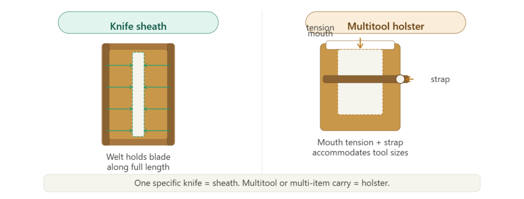 Comparison showing knife sheath welt channel retention along full blade versus holster mouth tension and strap closure