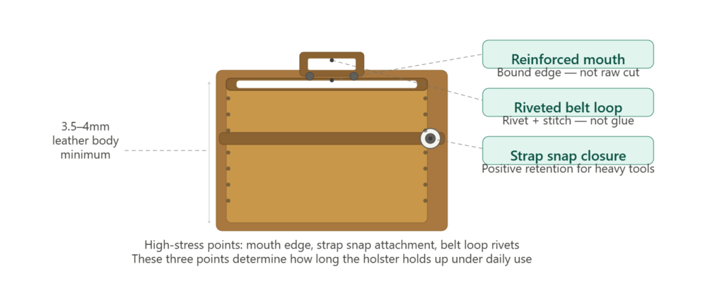 Belt holster construction diagram showing reinforced mouth, riveted belt loop, strap snap closure and leather thickness