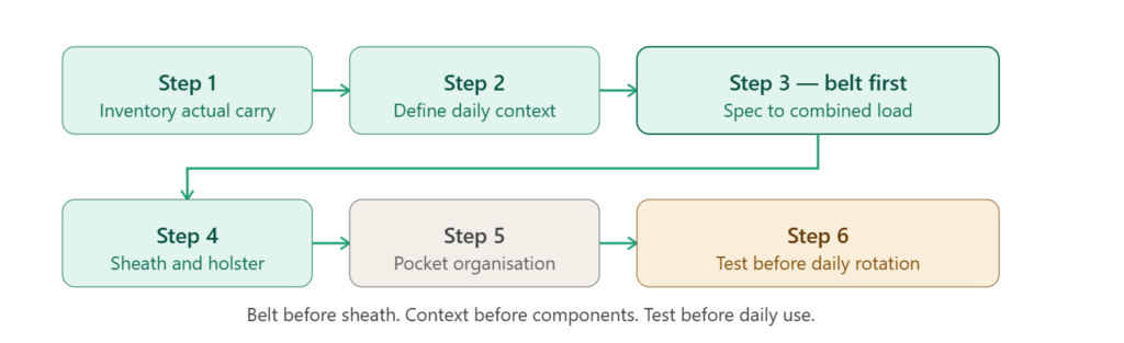 Six-step EDC system build sequence: inventory, context, belt first, sheath and holster, pocket organization, test