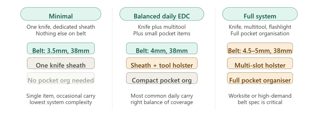 Three EDC configurations: minimal one-knife setup, balanced knife-plus-multitool, full multi-tool system with belt specs for each