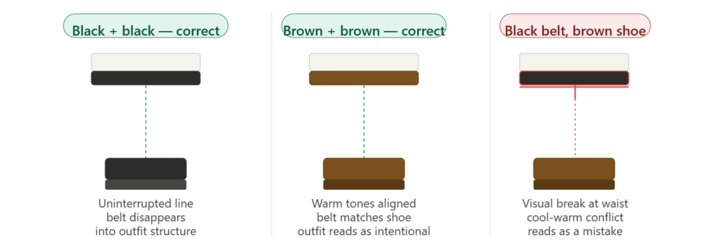 Belt and shoe colour matching showing black shoes with black belt creating uninterrupted vertical line versus brown-black mismatch creating visual break