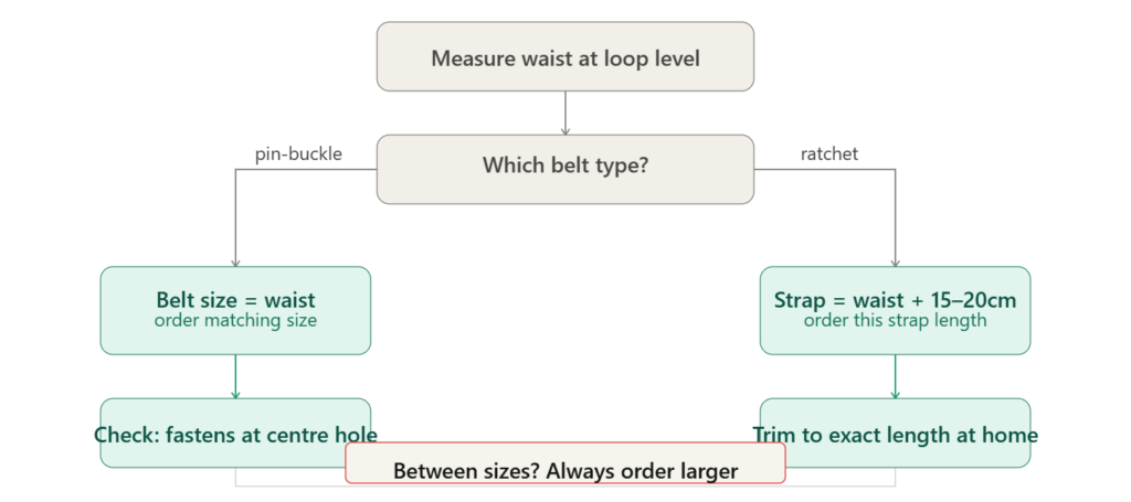 Belt sizing decision flowchart branching from waist measurement to pin-buckle belt equals waist size versus ratchet belt equals waist plus 15 to 20cm strap length