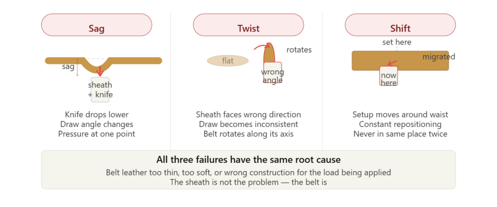 Three belt failure modes under knife carry: sag deflects the knife down, twist changes draw angle, shift moves the whole setup