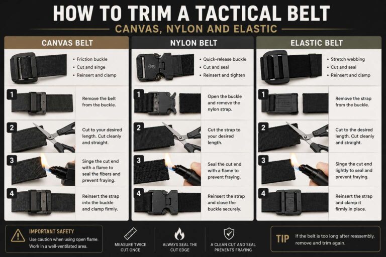 Tactical belts in canvas, nylon, and elastic with quick-release buckles for military and outdoor act.