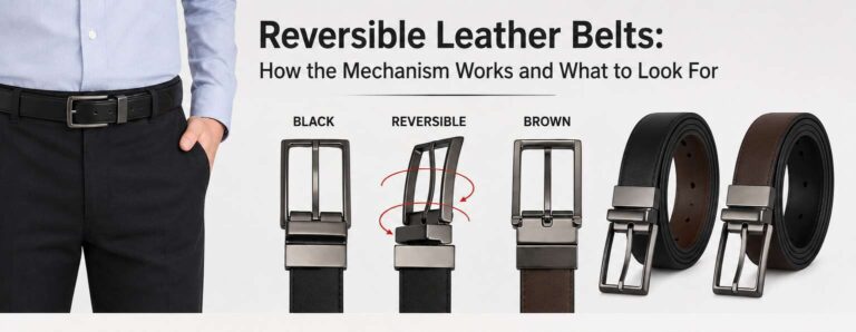 Reversible leather belt with easy switch mechanism for versatile style. Perfect for quick outfit cha.