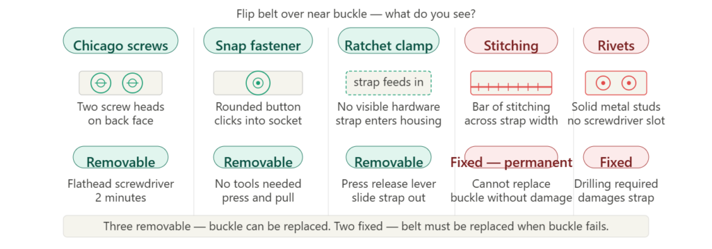 Five belt buckle attachment types showing Chicago screws, snap fastener and ratchet clamp as removable in teal versus stitching and rivets as permanent in red