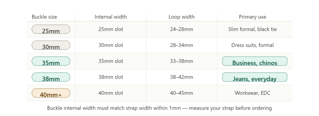 Belt buckle size reference table showing 25mm through 40mm internal widths with corresponding loop width and primary use context, highlighting 35mm for business and 38mm for everyday casual