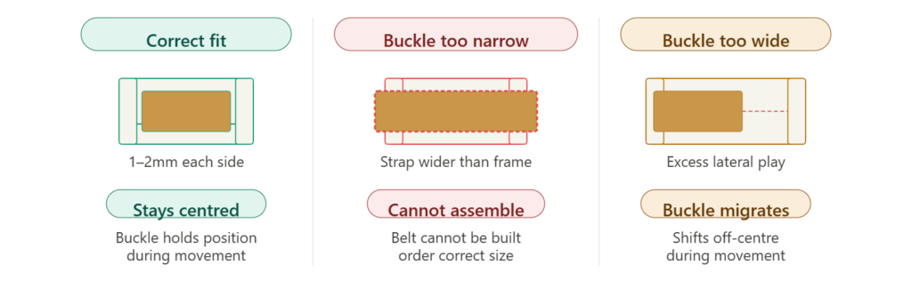 Three-column buckle to strap fit tolerance guide showing correct 1 to 2mm clearance in teal, too-narrow buckle where strap cannot pass through in red, and too-wide buckle causing lateral migration in amber