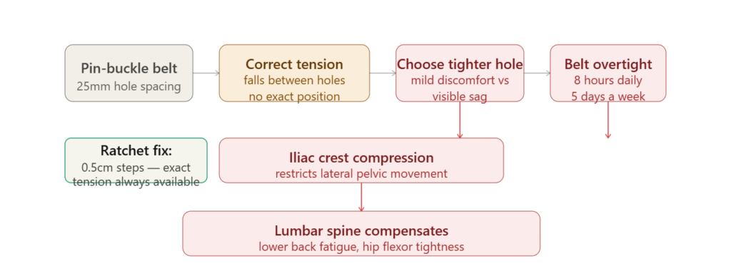 Four-stage flowchart showing how pin-buckle 25mm hole spacing forces a too-tight choice, compressing the iliac crest, restricting pelvic movement, and loading the lumbar spine with the ratchet solution noted