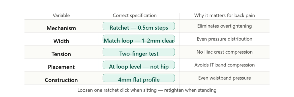 Five-variable belt specification table for lower back pain showing ratchet mechanism, loop-matched width, two-finger tension test, correct placement at loop level, and flat 4mm profile with reason each matters for back and hip comfort