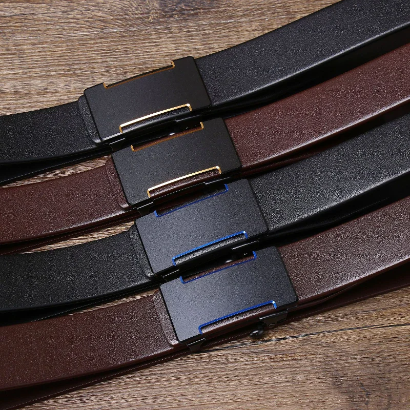 Engineered Leather Belts for Men and Women Variety of engineered leather belts with different buckle finishes and colors.