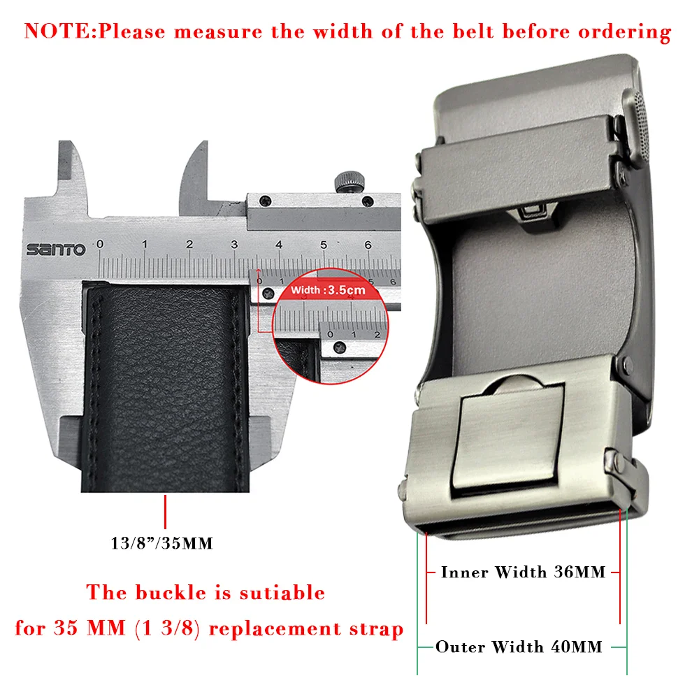 Men’s Leather Belt with Ratchet Buckle Engineered leather belt for men with automatic ratchet buckle, black color, 3.5cm width, textured.