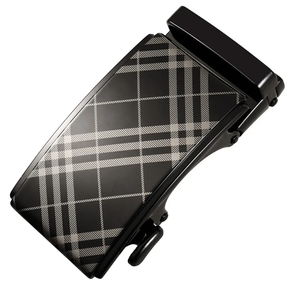 Fashion Belt with Hidden-Tail Ratchet Buckle Black engineered leather belt with plaid pattern and ratchet buckle.