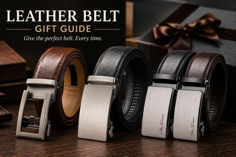 High-quality leather belts with sleek metal buckles in brown, black, and dark brown.