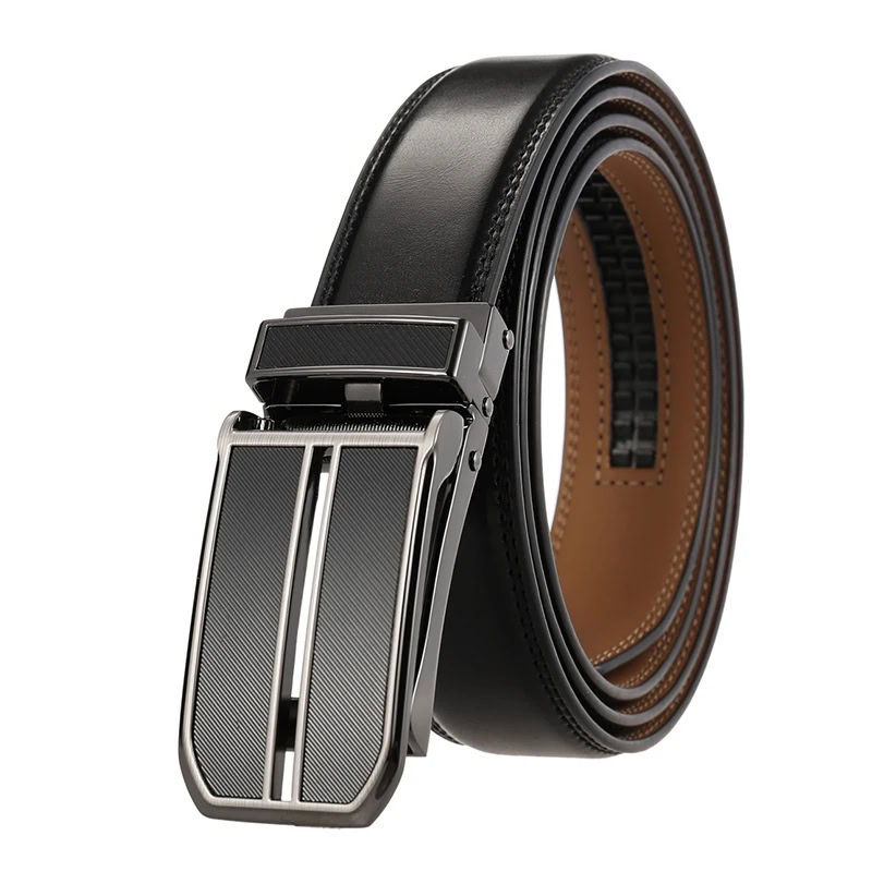 Black leather belt with textured ratchet buckle for men and women.