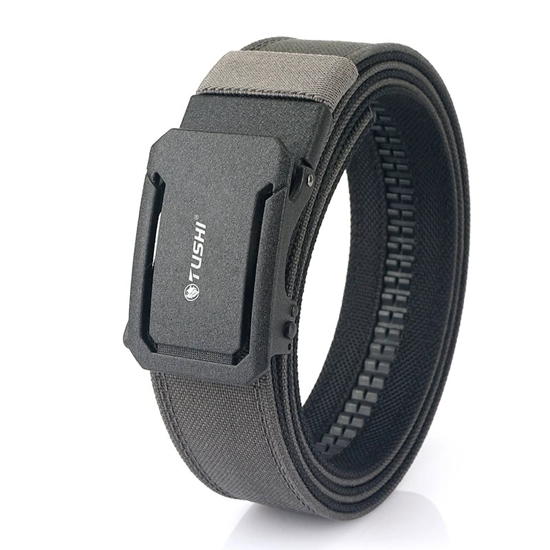 Engineered leather ratchet belt with black buckle and gray strap for men.