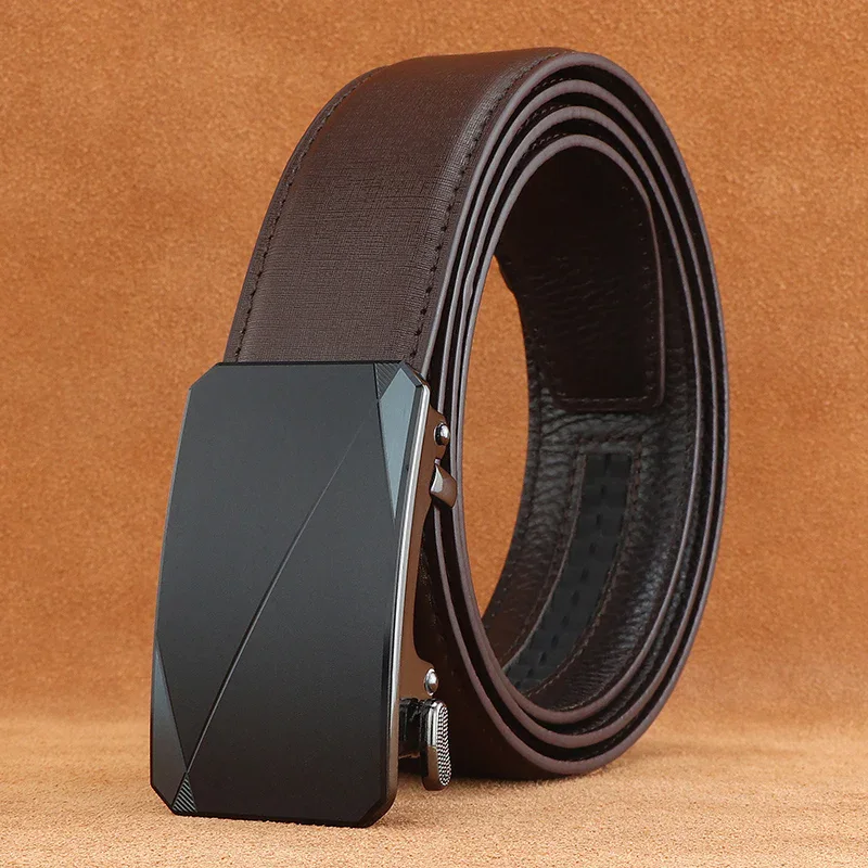 Engineered leather men's belt with hidden-tail ratchet buckle in black.