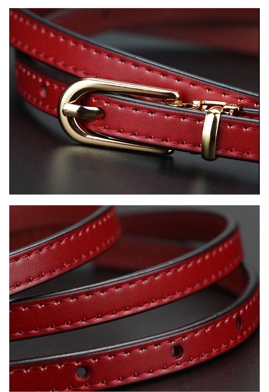 Red engineered leather belt with gold buckle and stitching details.