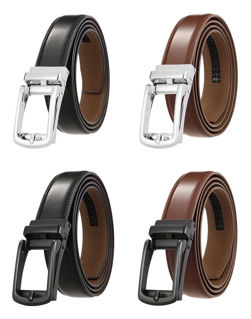 Set of four engineered leather belts with metal buckles in black and brown.