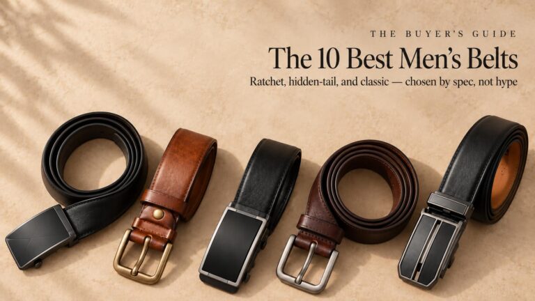 Variety of leather belts with different buckles and textures for men and women.